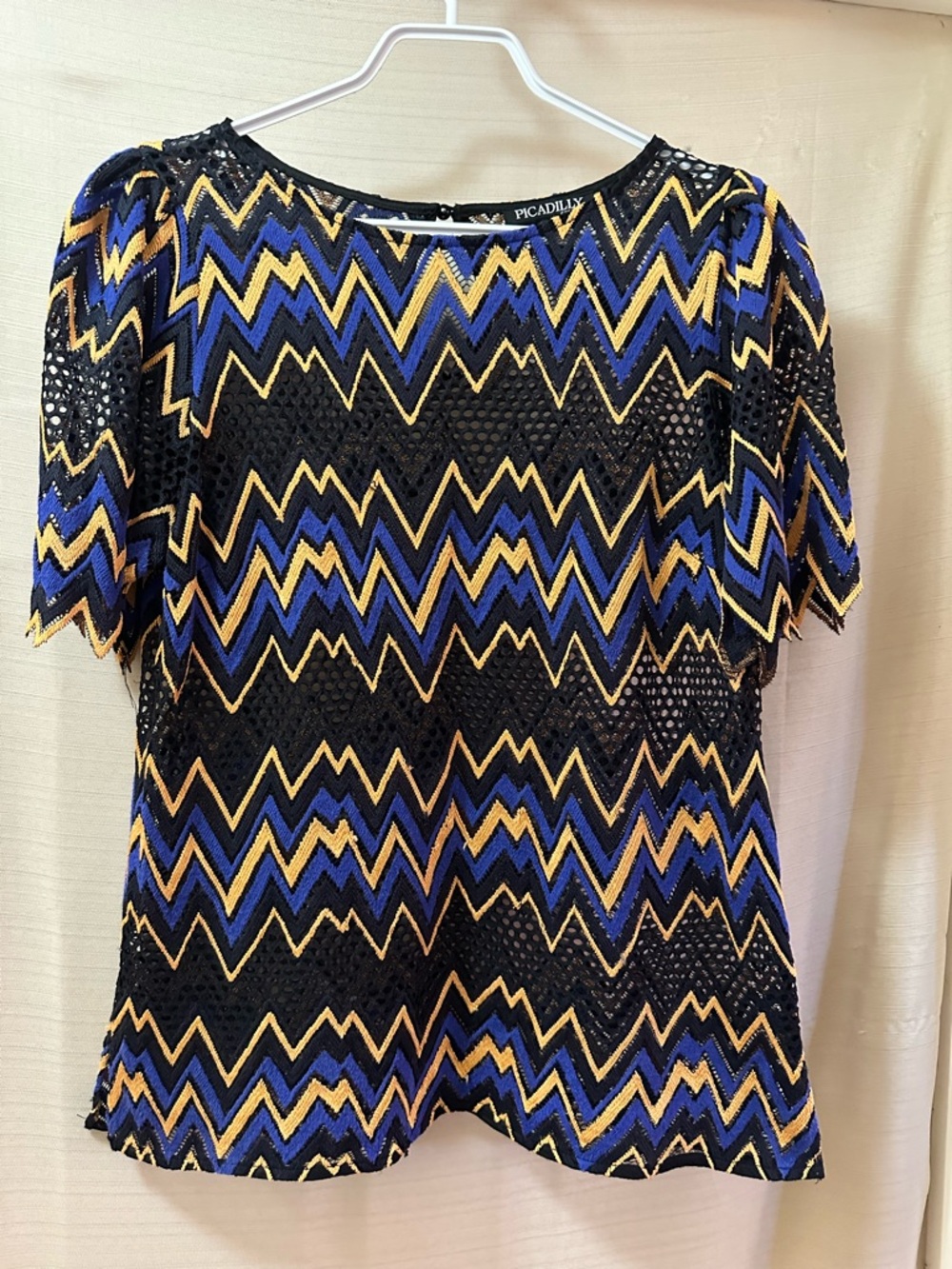 Picadilly Chevron Sheer Top Blue Gold Black Sheer Stretch Blouse Size 10